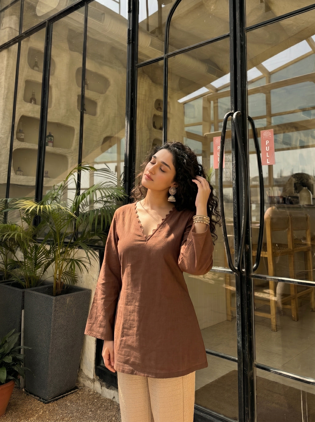 Brown V-Neck Full Sleeve Kurti